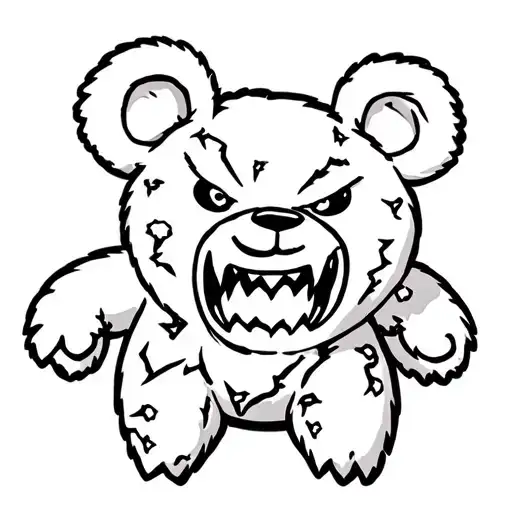 Tattoo Outline Of A Maniacal Teddy Bear With Sharp Teeth And Tattered Skin