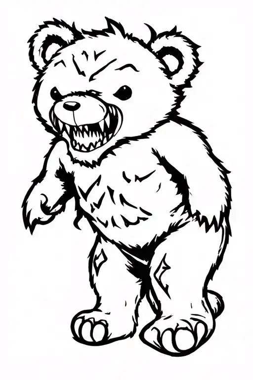 Tattoo Outline Of A Maniacal Teddy Bear With Sharp Teeth And Tattered Skin