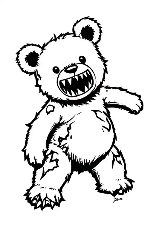 Tattoo Outline Of A Semi-realistic Maniacal Teddy Bear With Sharp Teeth And Tattered Skin