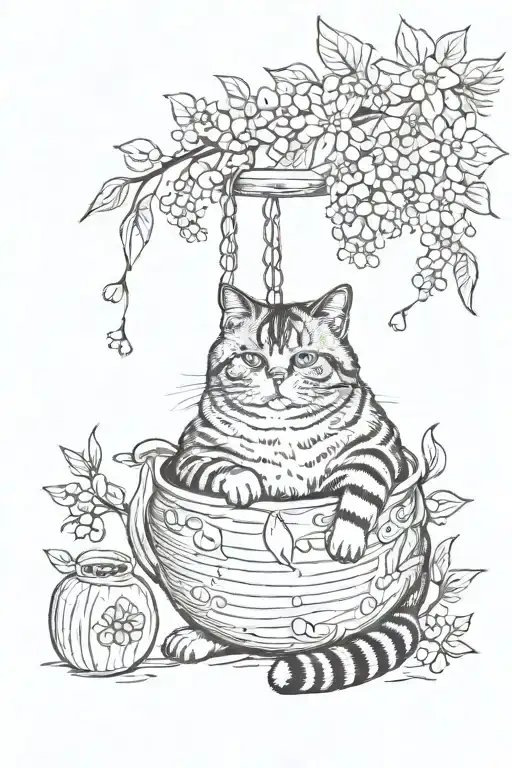 A Cute Fat Cat Hangs On A Twip And Everything Is In Cherry Bloss