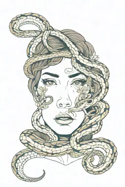 Woman's Face And Neck With A Lot Of Snakes And A Floral Background
