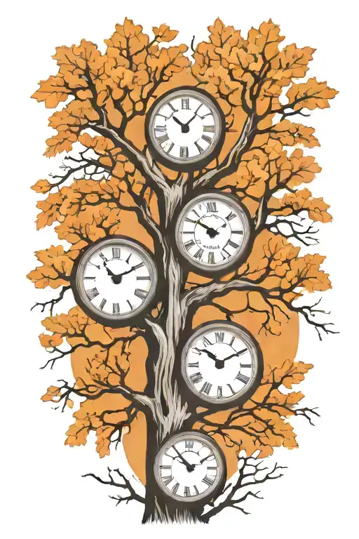 Oak Tree Branches With Three Clocks Integrated Into It For An Arm Sleeve