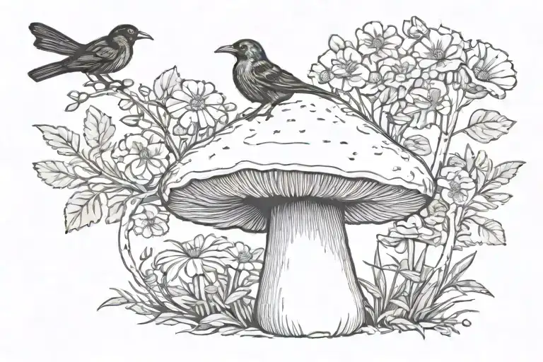 Cottagecore Mushroom With Flowers And Crow