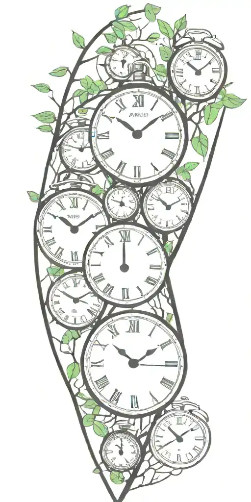 Birch Tree Branches And Green Leaves With Three Clocks Integrated Into It For An Arm Sleeve