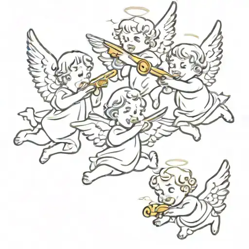 3 Baby Angels Flying Playing Whistle And Having Fun