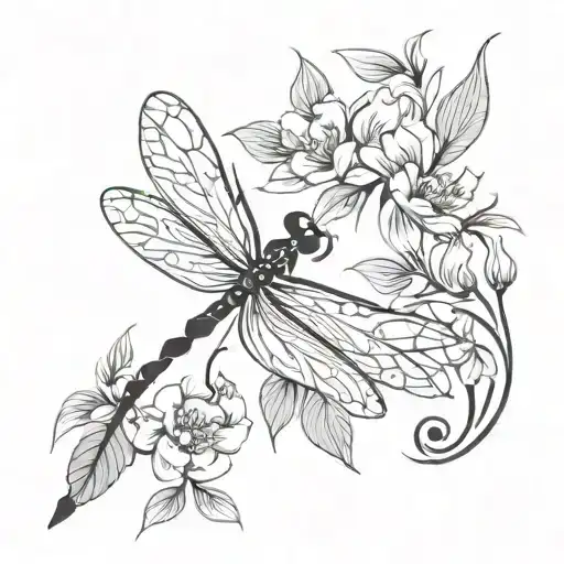 Dragonfly With Flowers And Leaves