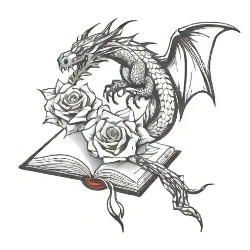 Open Book With Dragon And Roses Intertwined