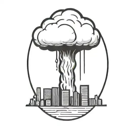 An Abstract Nuclear Explosion Mushroom Cloud Destroying A City In An Abstract Black Line Frame