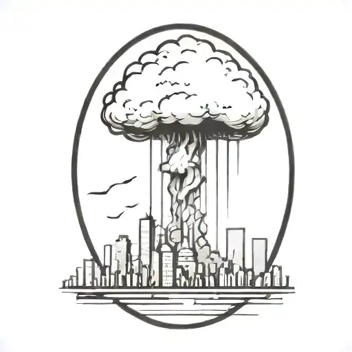 An Abstract Nuclear Explosion Mushroom Cloud Destroying A City In An Abstract Black Line Frame