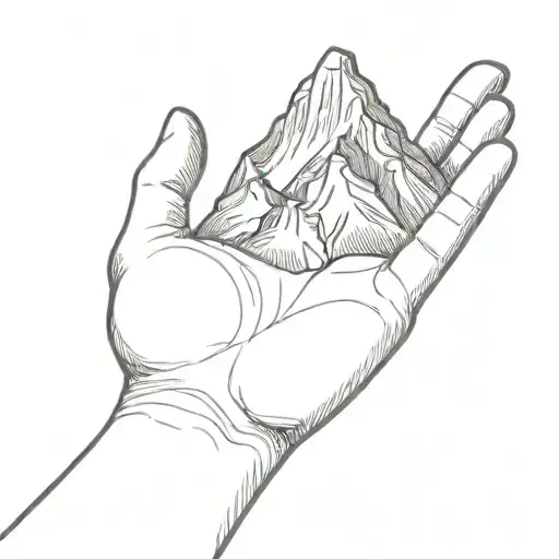 A Simple Minimalist Drawing Of A Large Mountain Being Cradled In The Palm Of A Human Hand