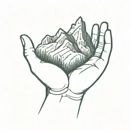 A Simple Minimalist Drawing Of A Large Mountain Being Cradled In The Palm Of A Human Hand