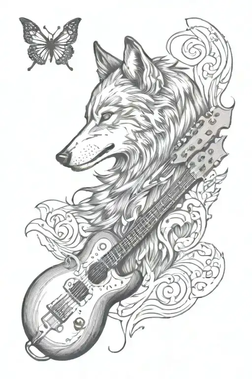 A Tattoo Design Combining A Wolf And A Guitar To Symbolize The Love For Music And Animals