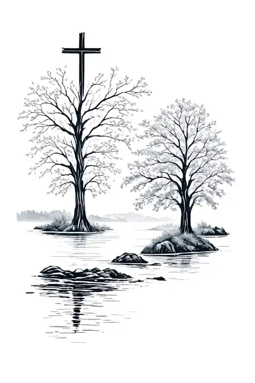 Tree Line And A River With A Cross