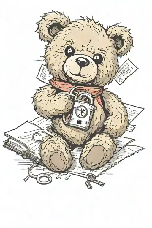 Ripped Up Teddy Bear Holding Book And Heart Shaped Lock