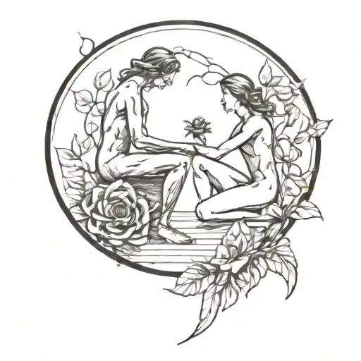 Women Kneeled Roses Man Walking Away In Mirror Women Sitting