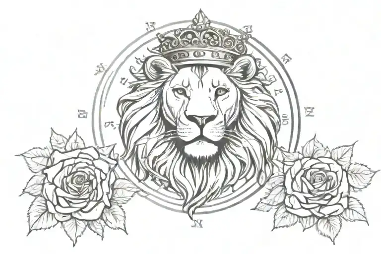 Lion Wearing Crown Of Roses Infront Of A Compass Surrounded