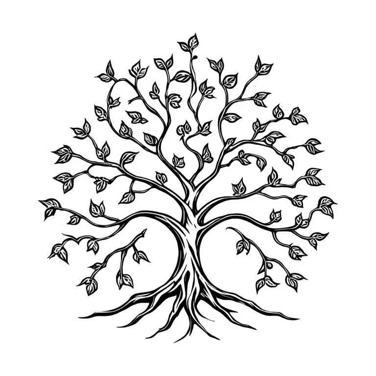 An Ornamental Tree Of Life Tattoo With Curved Branches And Small Leaves