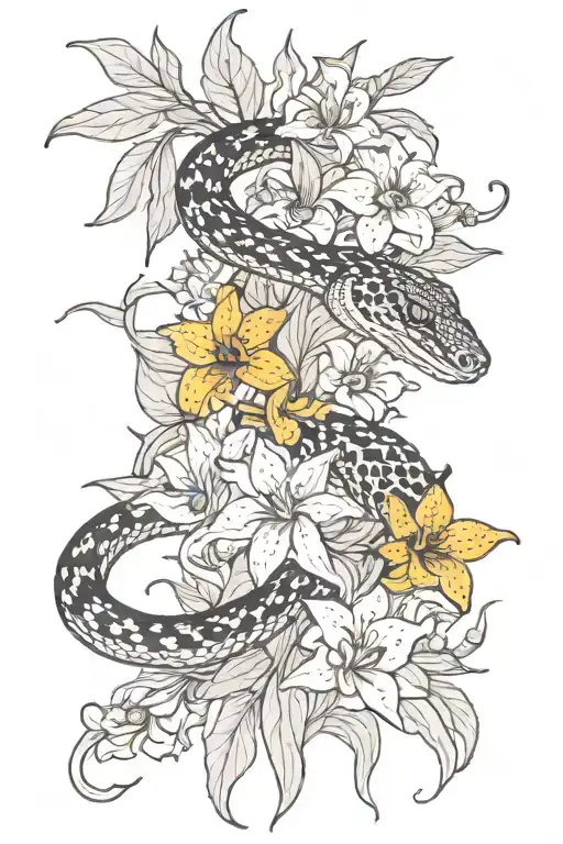 Snake With Tiger Lily Flowers And Sunflowers