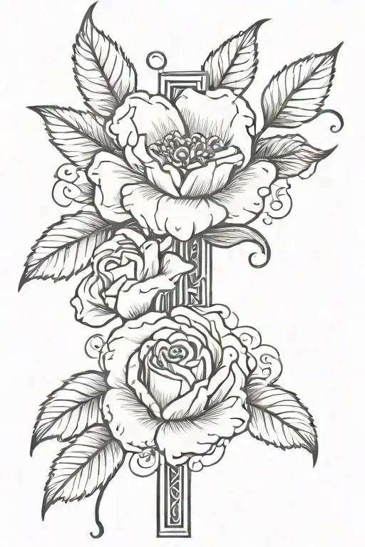 Cross Tattoo With A Carnation Flower With The Stem As The Word Grace In Cursive