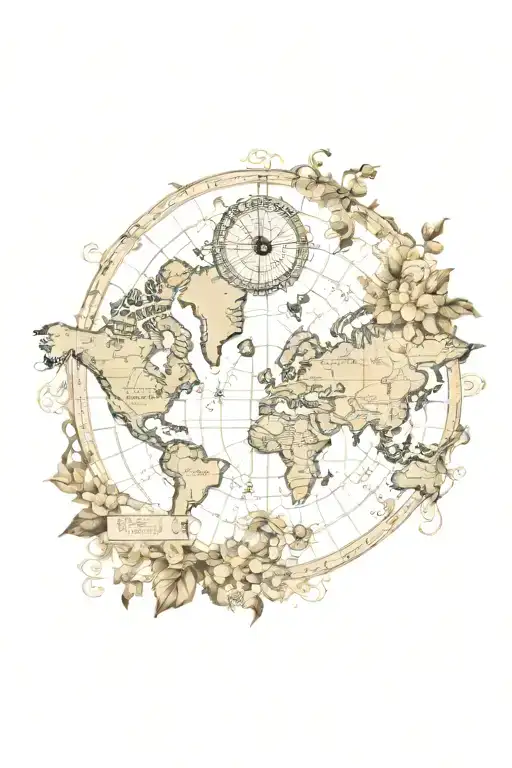 Vintage World Map With A Compass And Flowers And Vines