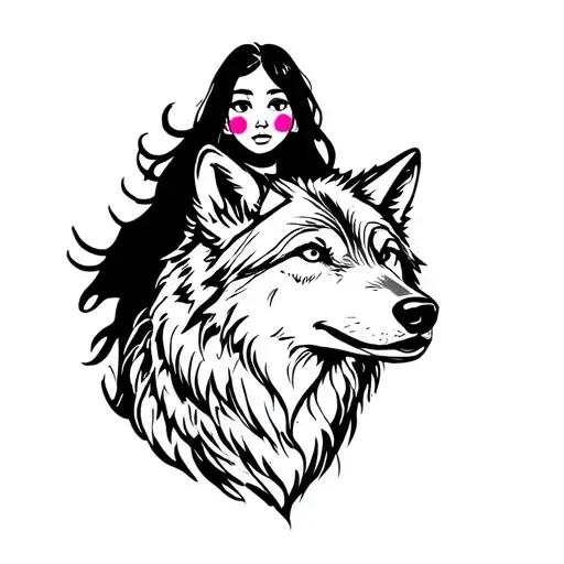 Girl With Pink Cheeks Riding A Wolf