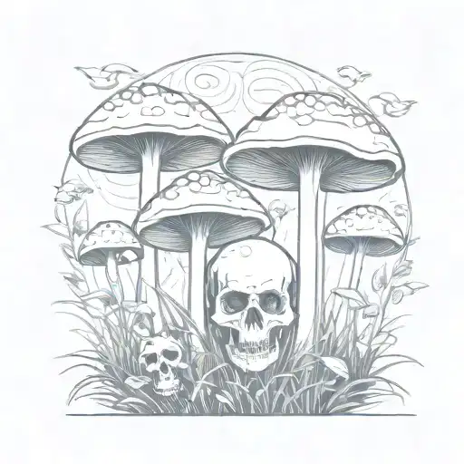 Mushrooms Growing On Grass With A Simple Larger Skull