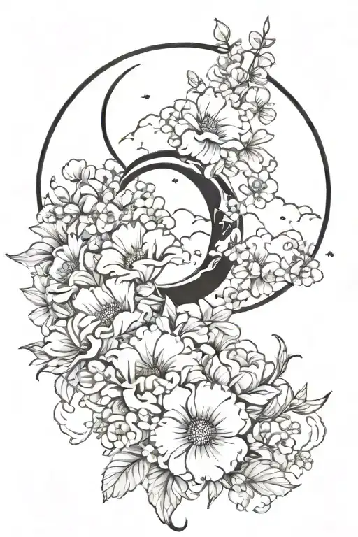 Crescent Moon Surrounded By Clouds And Flowers