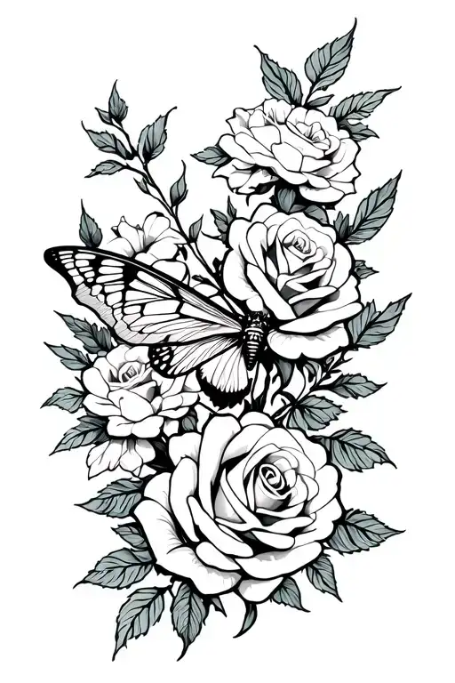 Minimalist Tattoo Design Incorporating Elements Like Roses And A Moth