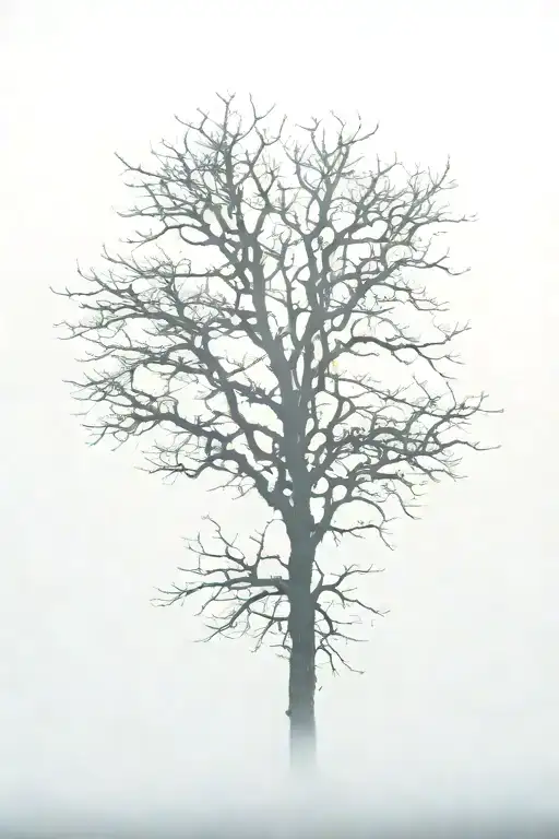 Long Bulky Leafless Tree Surrounded By Fog And Bats