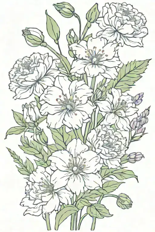 February April September Birth Flower Bouquet Fine Line