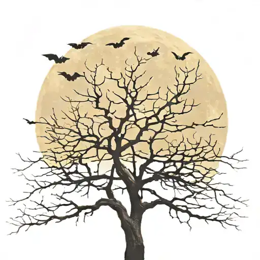 Leafless Tree Surrounded By Bats With A Full Moon In The Background