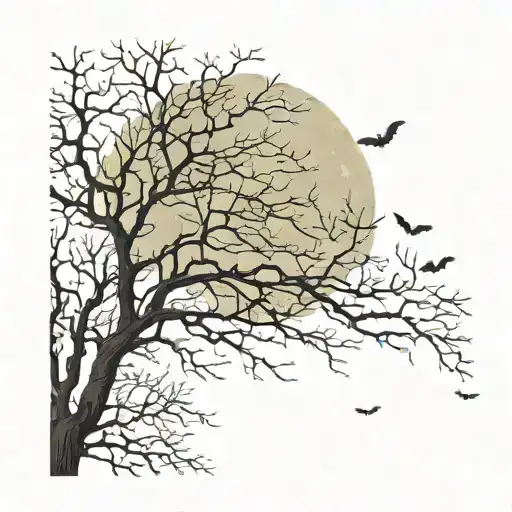 Leafless Tree Surrounded By Bats With A Full Moon In The Sky