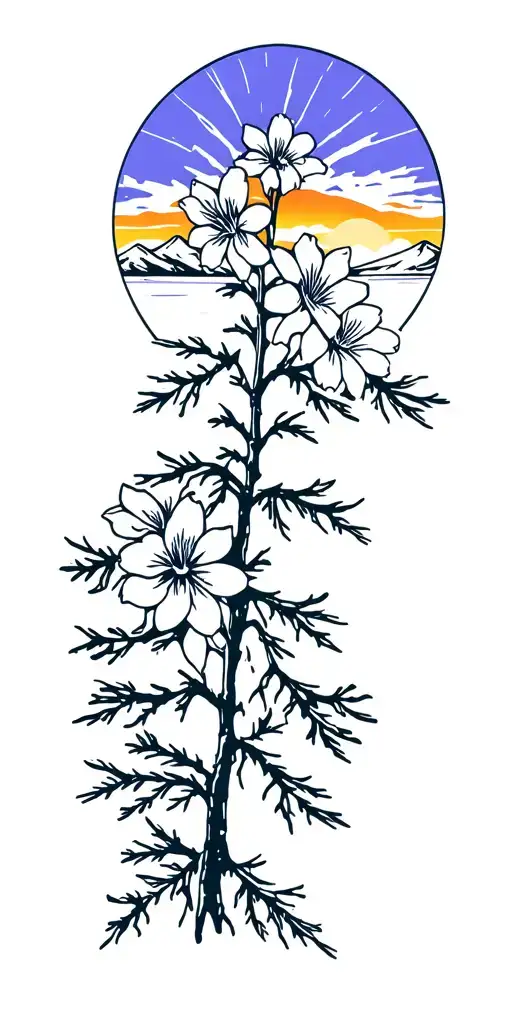 Colorado Rocky Mountains Columbine Flowers Pine Trees Colors Sunset Over Lake