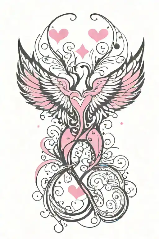 Pink And Black Tattoo With Hearts Going Down Spine And Wings On Shoulders