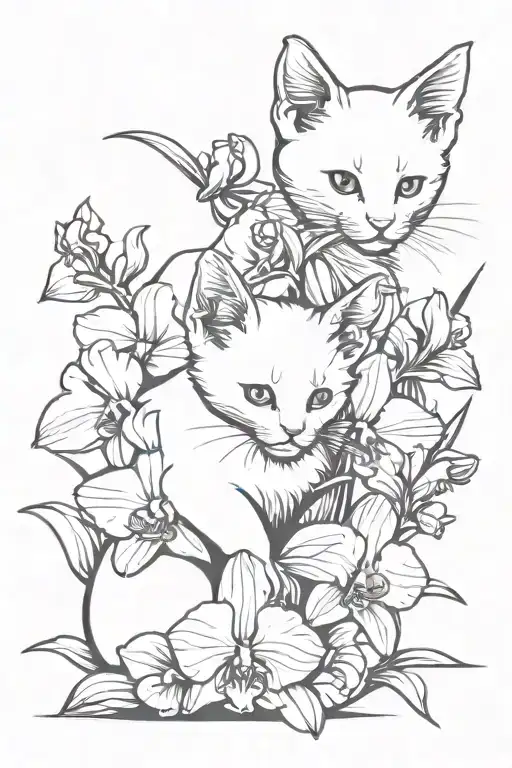 White Kitten And Orchid Flowers