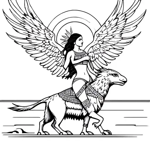 Aztec Goddess Eagle Woman Riding Aztec Animal With Sun Above