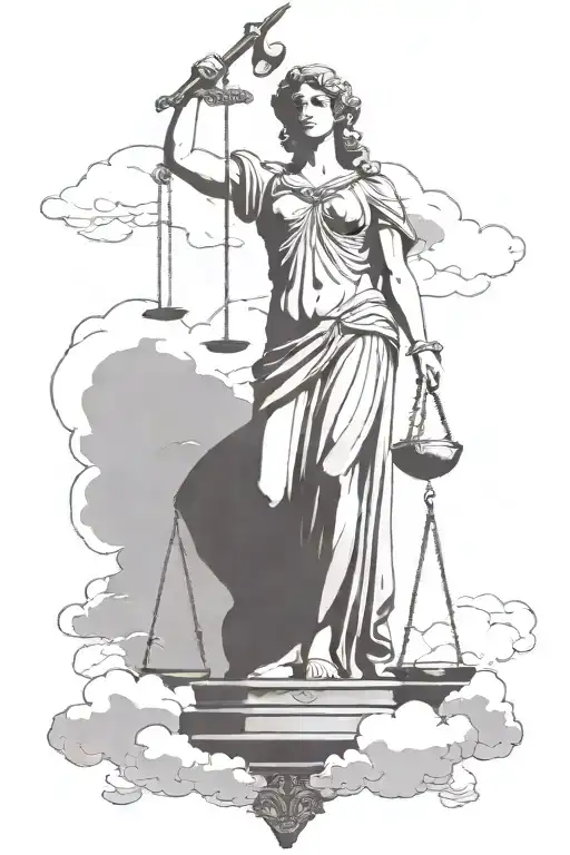 Lady Justice With Sword And Scale With Clouds Behind