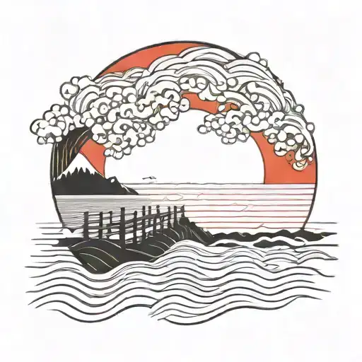 Wooden Pier With Japanese Waves And Red Rays As Sunset