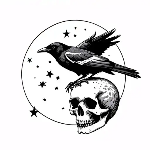Crow Perched Atop Skull With Moon And Stars Intertwined