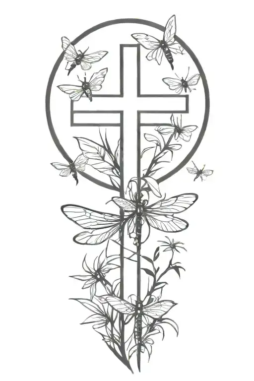 Religious Cross In Sunlight Plants Dragonflies Family
