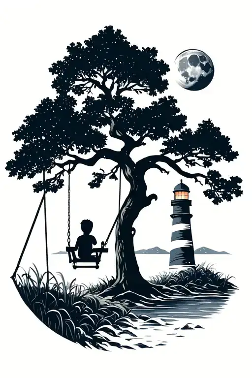 A Tree With A Boy On A Swing Looks At The Lighthouse Moon And Sun
