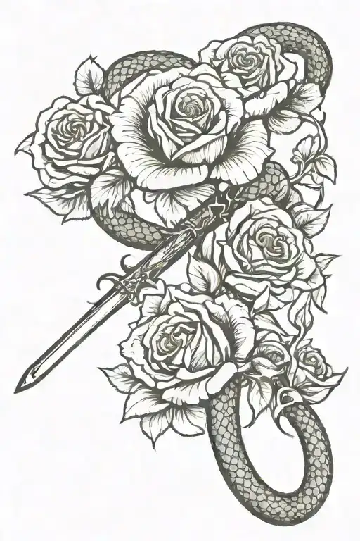 Long Snake With Sword And Rose