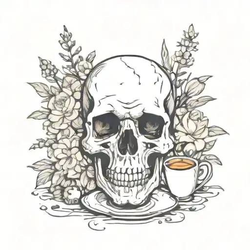 Skull Drinking Coffee Surrounded By Flowers
