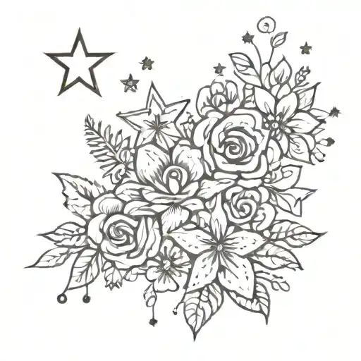 Simple Girly Tattoo With Flowers And Stars To Showcase Some Cordinates