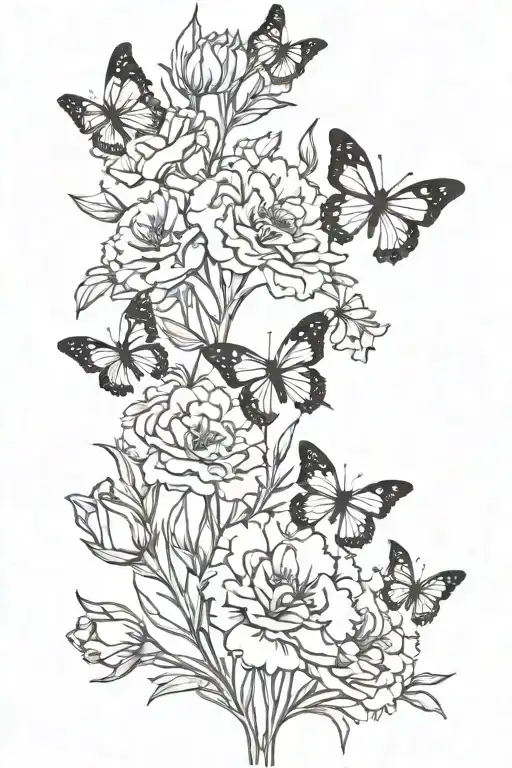 Carnation Bouquet Fine Line With Butterflies Flying