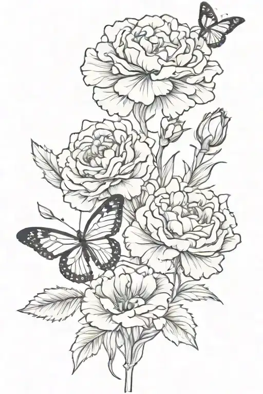 Carnation Bouquet Fine Line With One Butterfly Flying