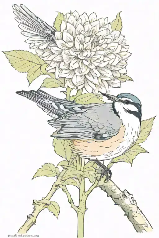 Dahlia Flower And Nuthatch Bird