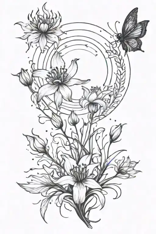 Lycoris Radiata And Fire With Moon Phases With An Mythical Creature