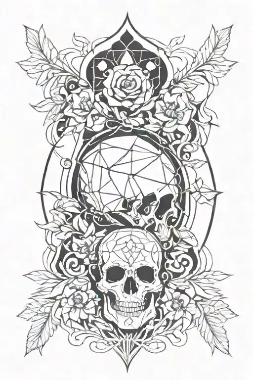 A Geometric Design Incorporating Elements Of Foower Of Life And Skulls Symbolizing Duality