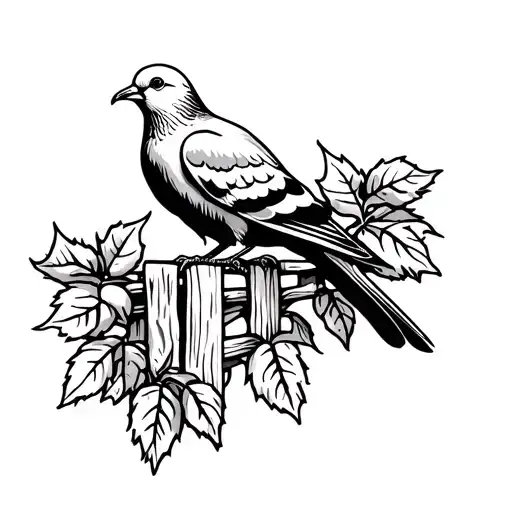 A Dove Perched On A Wooden Fence And Surrounded By Fig Leaves